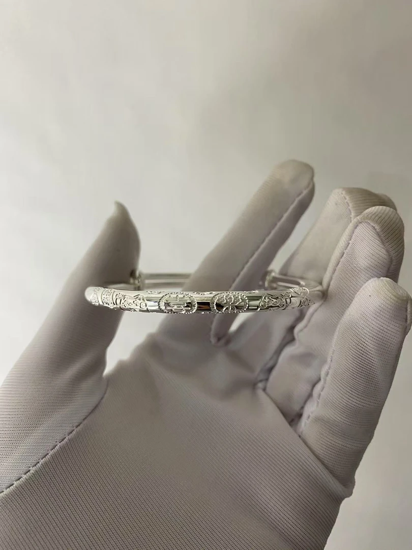 足银手镯 假一赔十足银9999亮面推拉吉言手镯