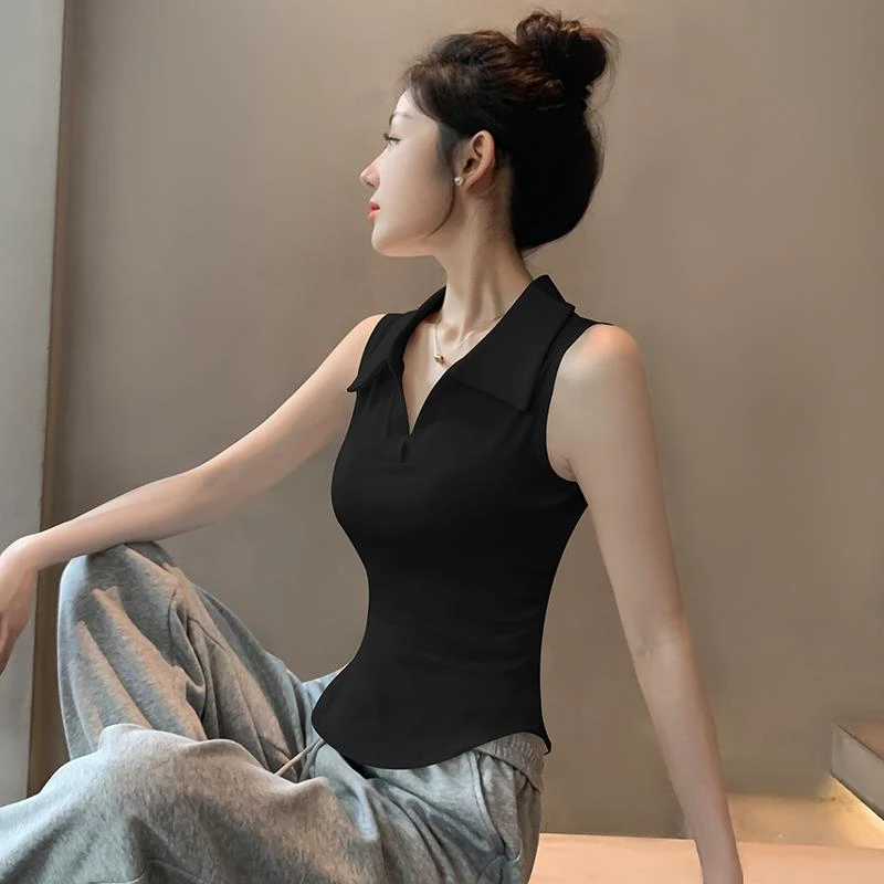 深绿色polo领弧形不规则吊带背心女2025新款夏季紧身收腰无袖上衣