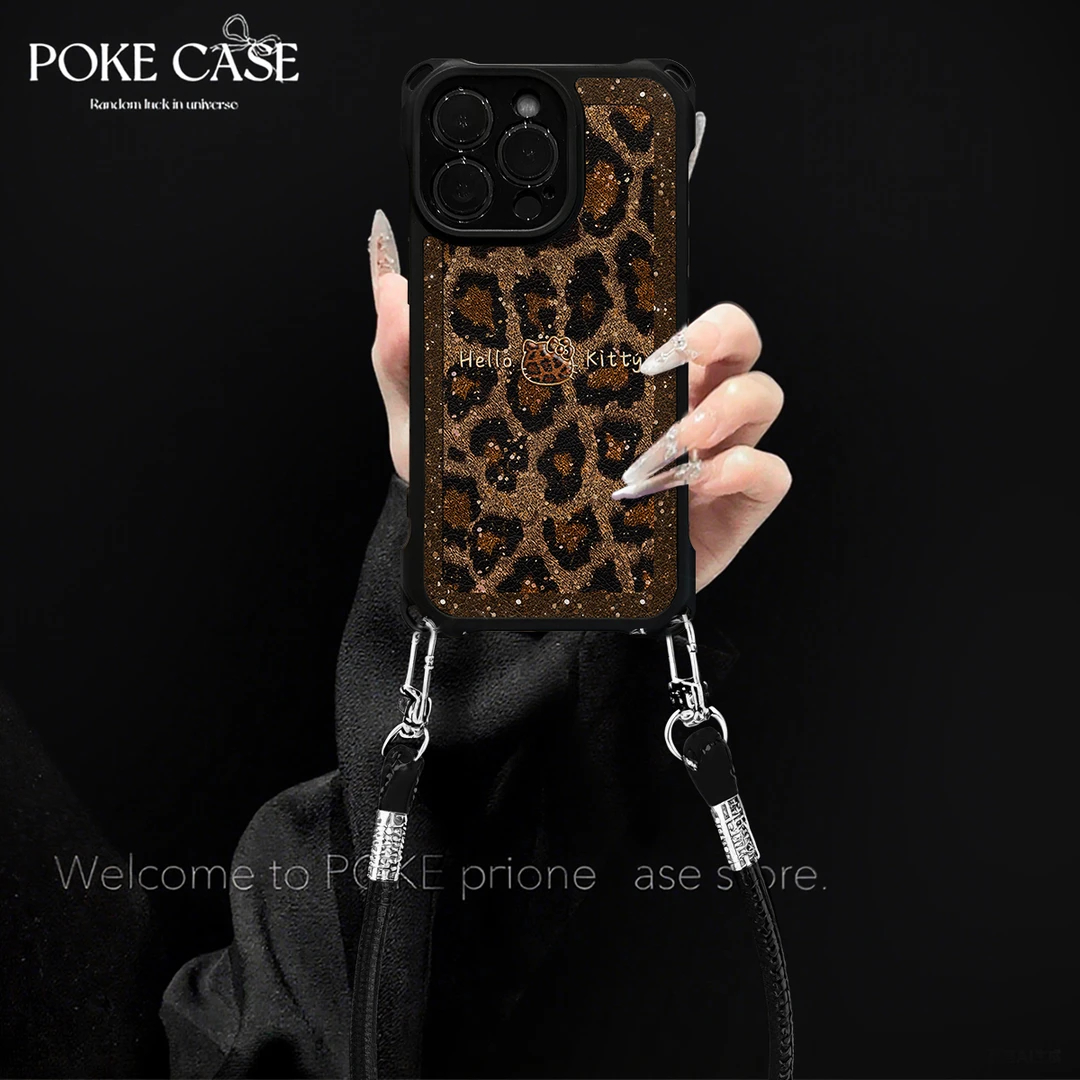 四角挂绳豹纹KT适用华为红米苹果vivo小米oppo手绳壳