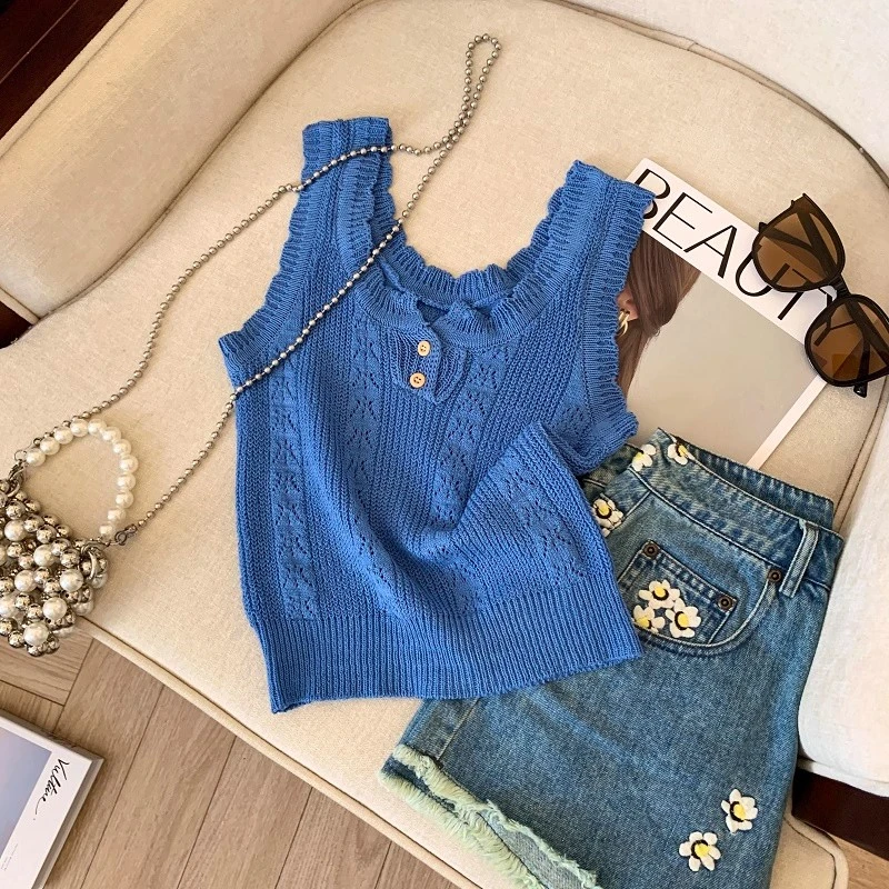 克莱因蓝冰丝针织吊带女2025夏季款独特半开领背心外穿无袖小衣团