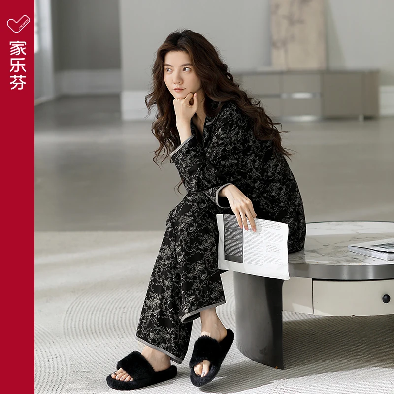 家乐芬睡衣女春秋款秋季莫代尔长袖家居服夏季薄款冰丝复古老钱风