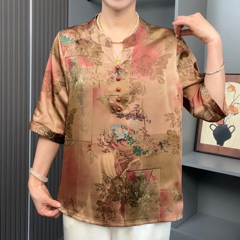 2025夏季新款V领宽松小衫妈妈装遮肉显瘦[绮梦花影]