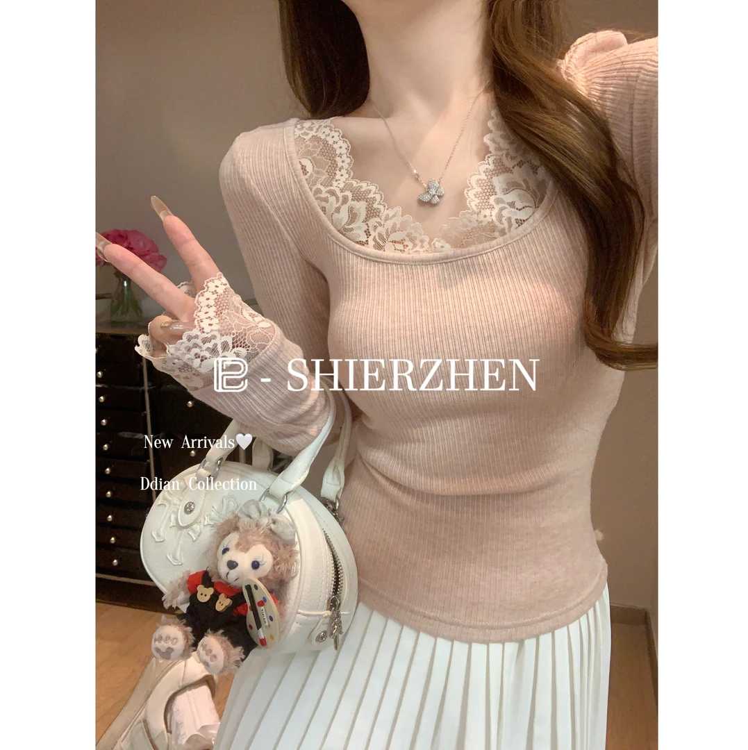 2025春季韩版纯欲方领蕾丝拼接修身温柔长袖打底衫T恤上衣女