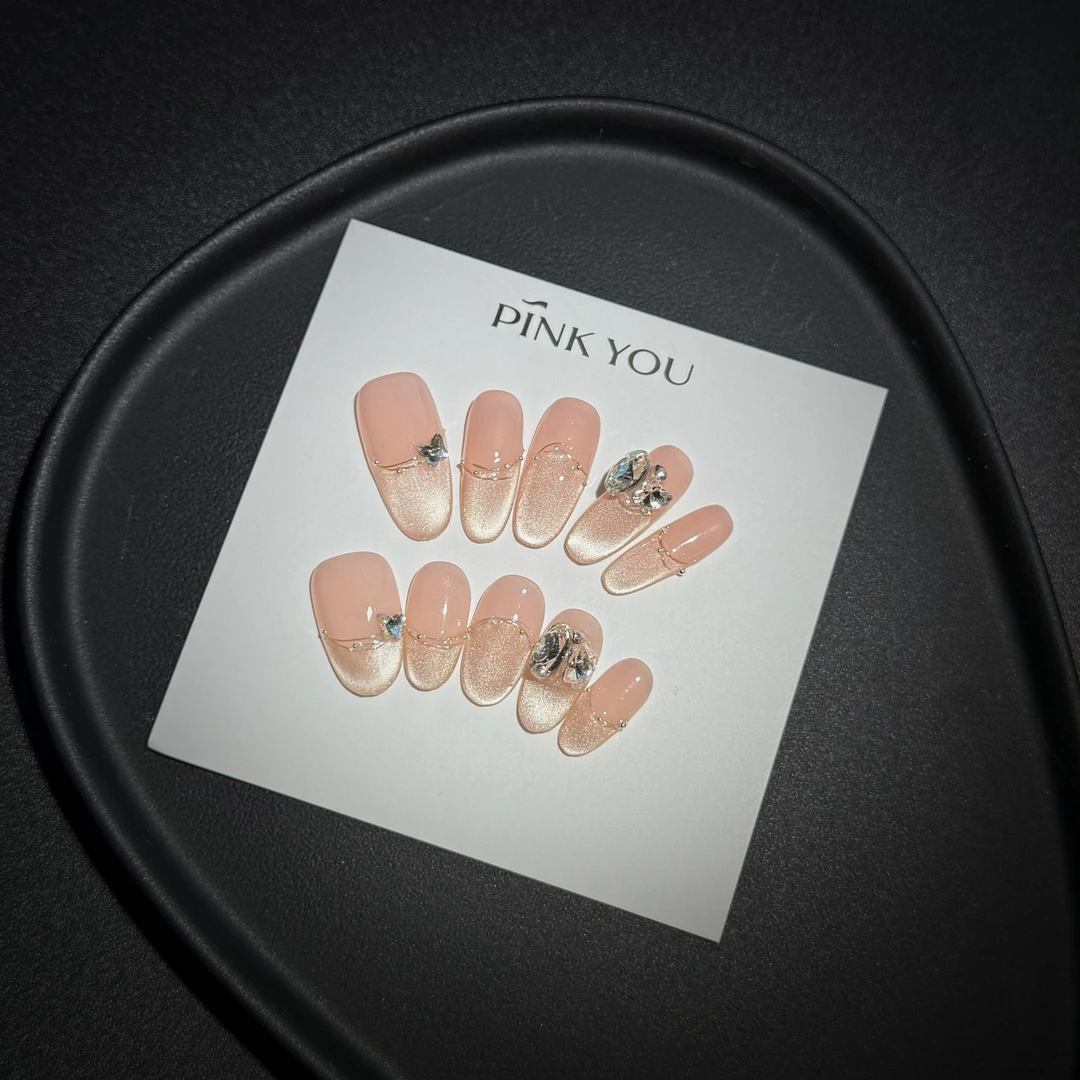 PINK YOU爆闪渐变裸色猫眼贴钻ins风仙女日常短款纯手工穿戴甲