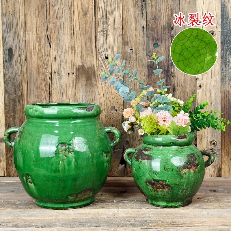 祖母绿复古陶瓷花盆中古风绿植器皿会所民宿客厅摆件养花种花装饰