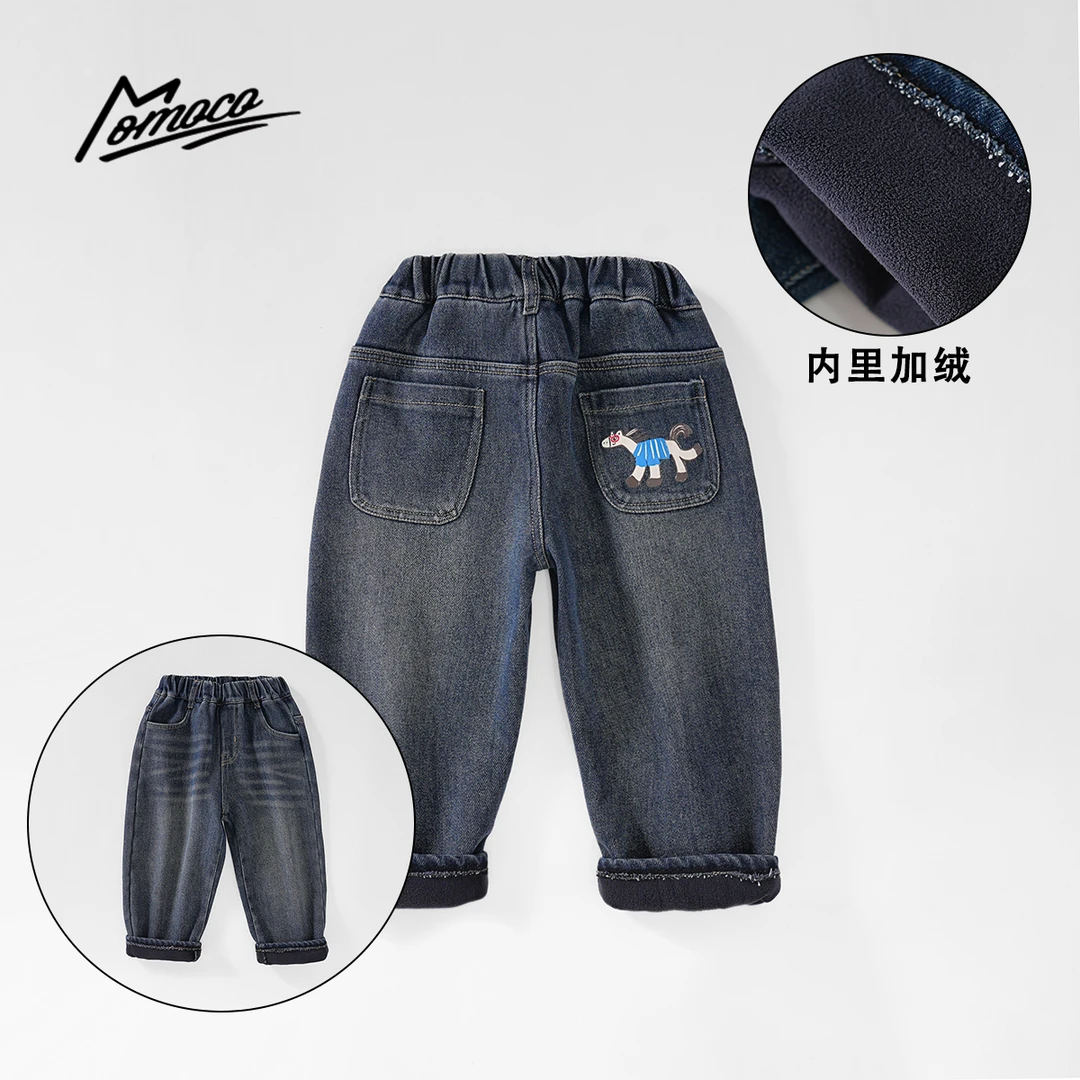 MOMOCO冬季男童潮流休闲牛仔裤加绒厚款印花小马77430350039