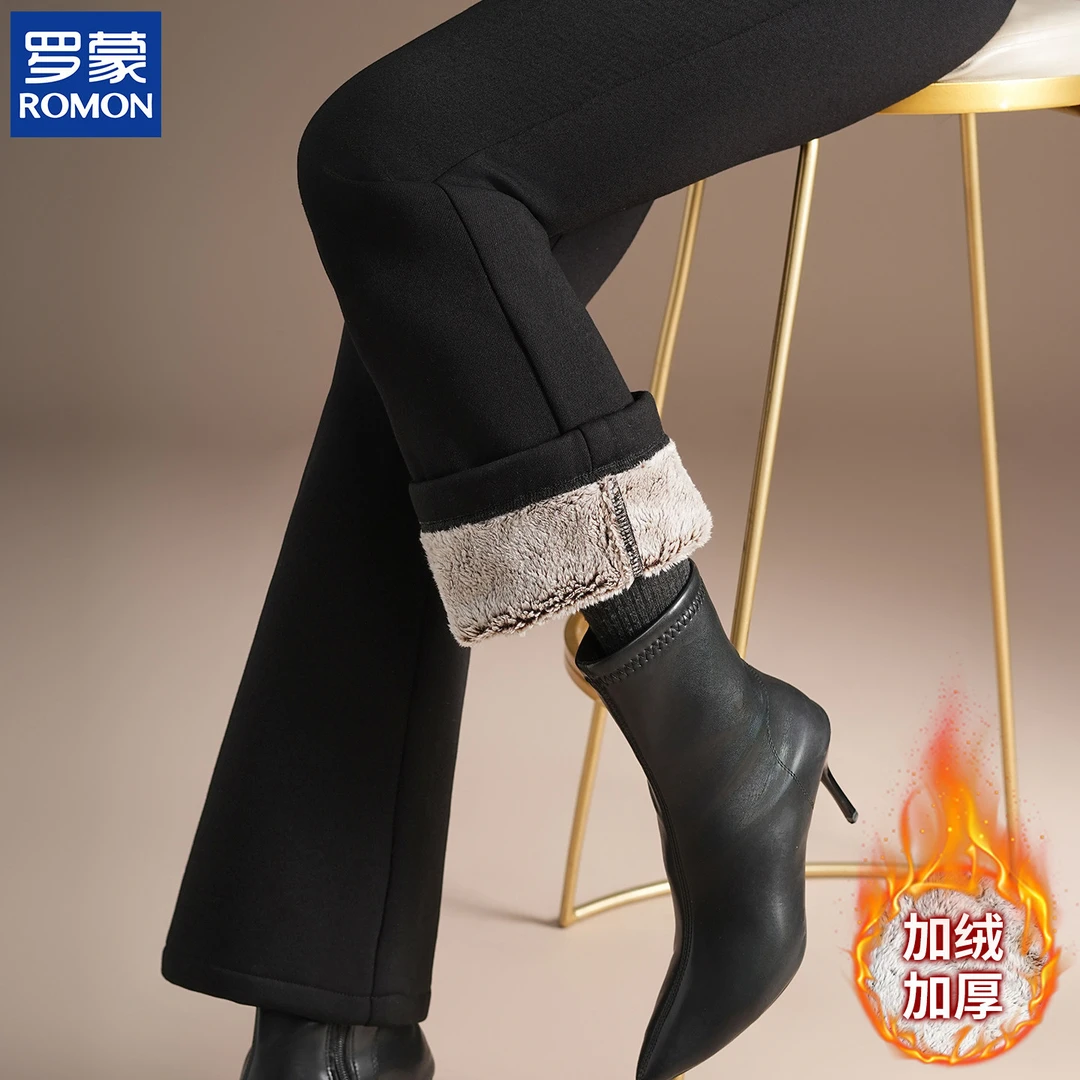 罗蒙雪貂绒微喇裤女冬季加绒加厚中年黑色高腰裤子妈妈冬装休闲裤