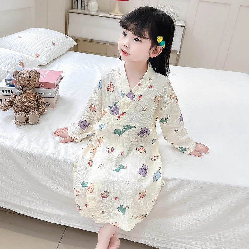 女童睡袍夏季儿童睡衣春秋薄款长袖纯棉家居服小女孩宝宝绵绸浴袍