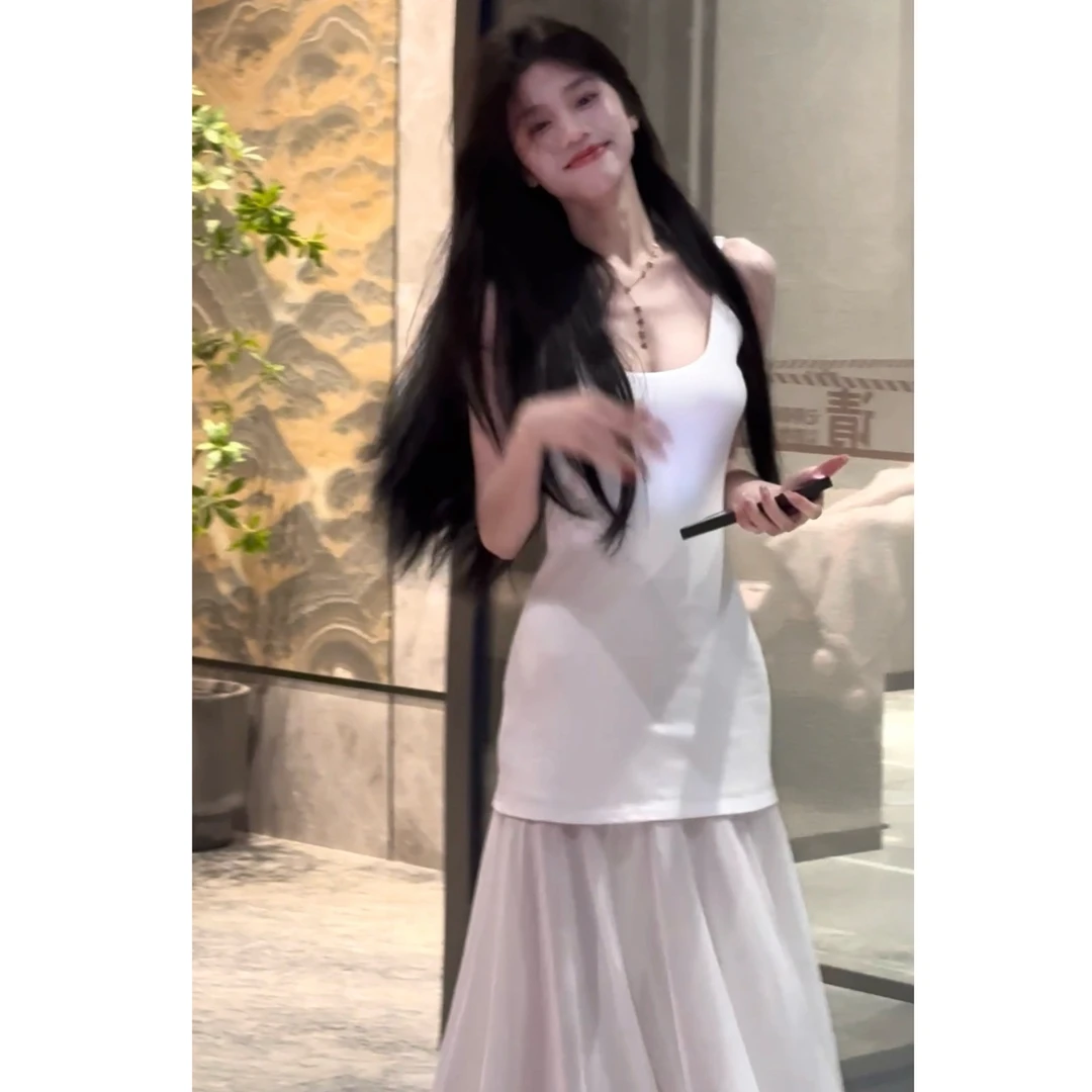 【喵喵】新款夏季清冷艺术系拼接网纱针织吊带裙女 200