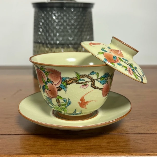 九桃三才陶瓷白瓷盖碗泡茶碗茶杯茶盖碗茶具可悬停盖碗110毫升