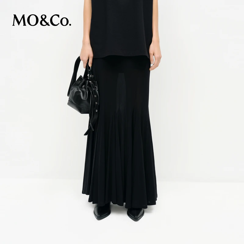 MOCO半裙2025新品高腰透视气质鱼尾裙带含棉内衬黑色MBE1SKTT09