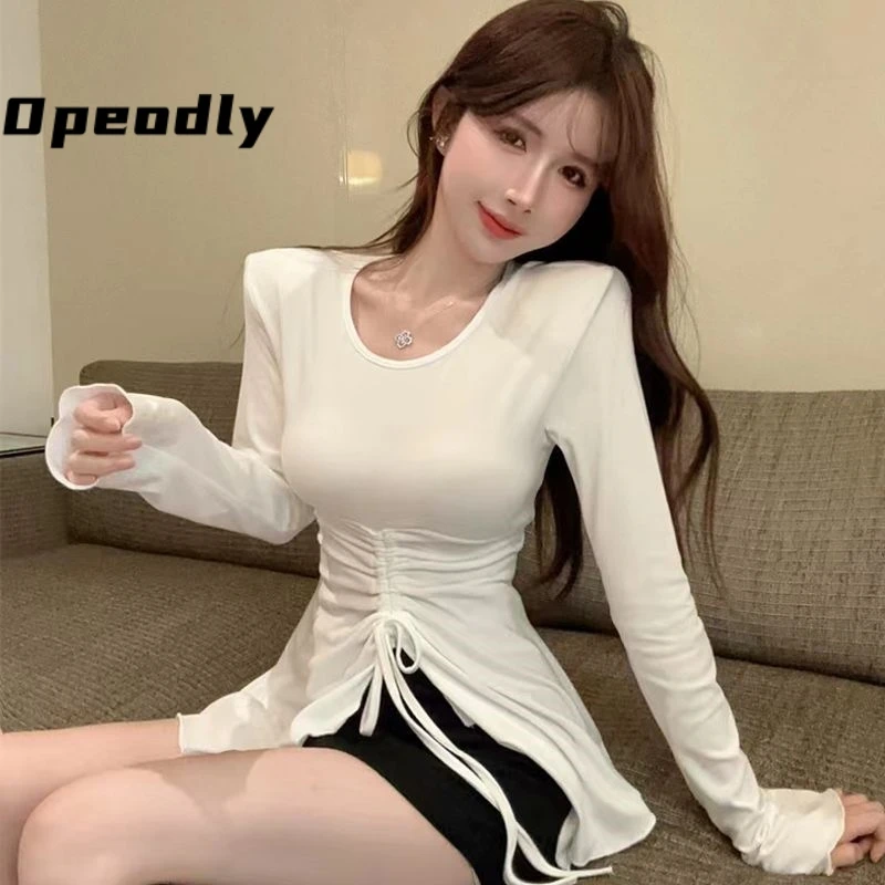 Opeodly抽绳长袖爆款T恤内搭打底衫女修身不规则收腰显瘦性感上衣
