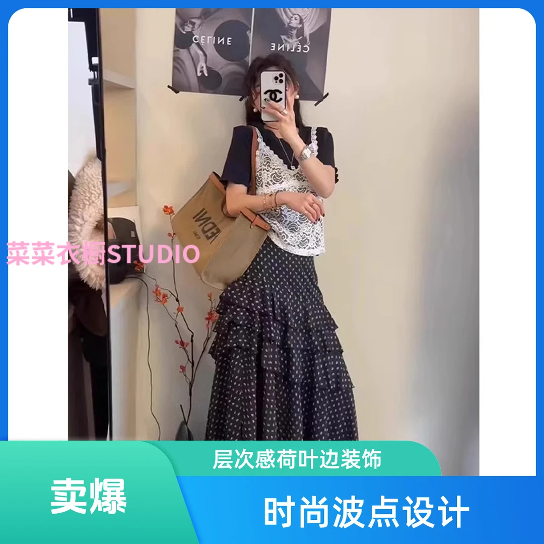 复古设计感不规则波点蛋糕裙夏季碎花高腰显瘦荷叶边a字半身裙女