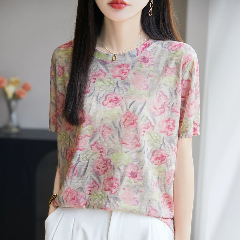 品牌气质T恤圆领百搭植物花卉针织短袖印花夏季休闲
