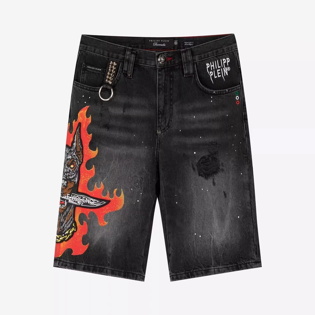 PHILIPP PLEIN PP刺绣破洞水洗男牛仔短裤P20CMDT2093PDE004N02SV