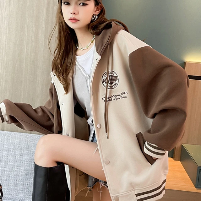 拼色棒球服女春秋加厚美拉德棉衣棉服加绒连帽超好看学生卫衣外套