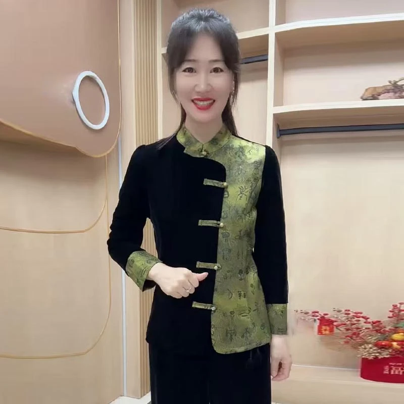 新中式国风秋冬中老年妈妈长袖丝绒衬衫气质拼接盘扣旗袍开衫外套