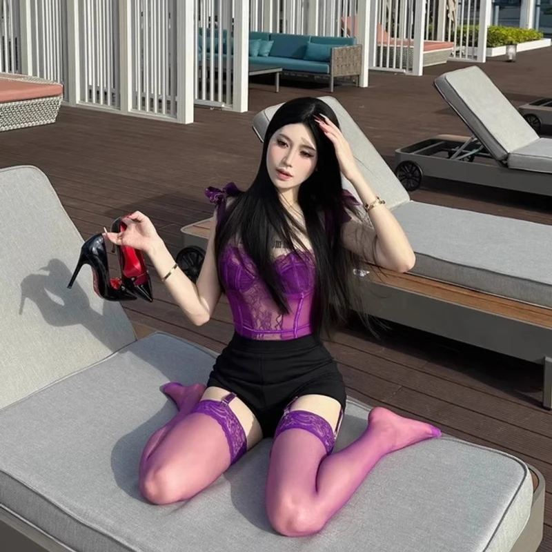 辣妹复古紫色绑带蕾丝吊带背心秋季纯欲风性感鱼骨束腰连体衣上衣