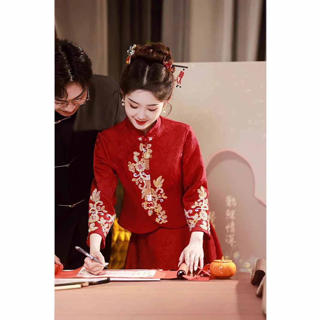 酒红色敬酒服新娘旗袍2025新款小个子订婚礼服裙结婚中式两件套夏