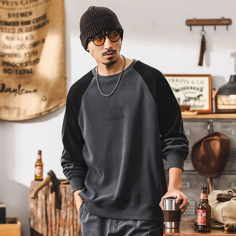 美式复古350g重磅撞色拼接卫衣男秋冬款潮牌肌理感华夫格圆领卫衣