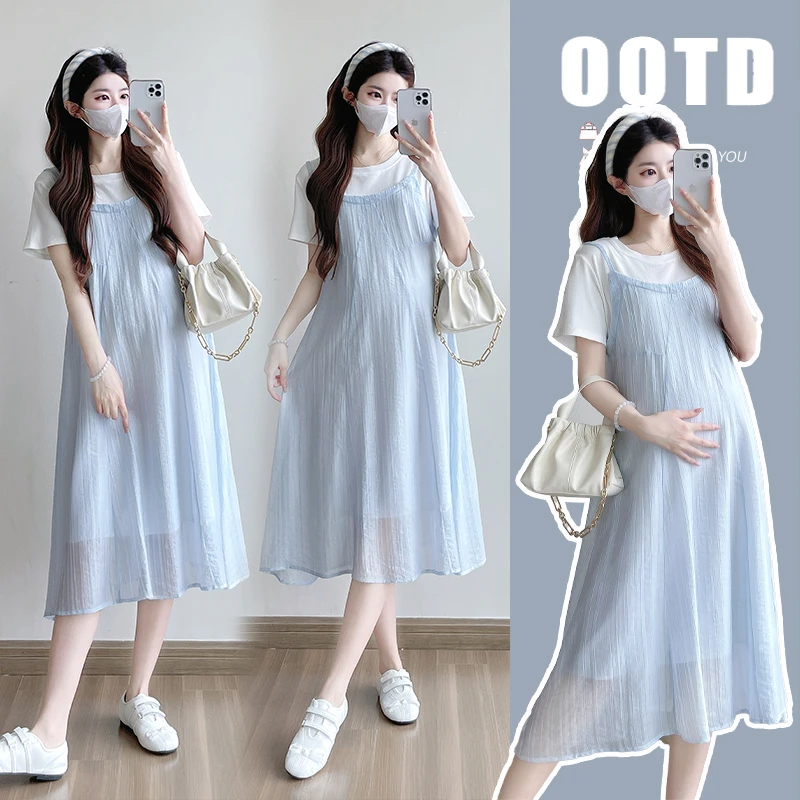 孕妇法式温柔风小清新夏季裙子胖mm显瘦遮肚子假两件孕妇连衣裙