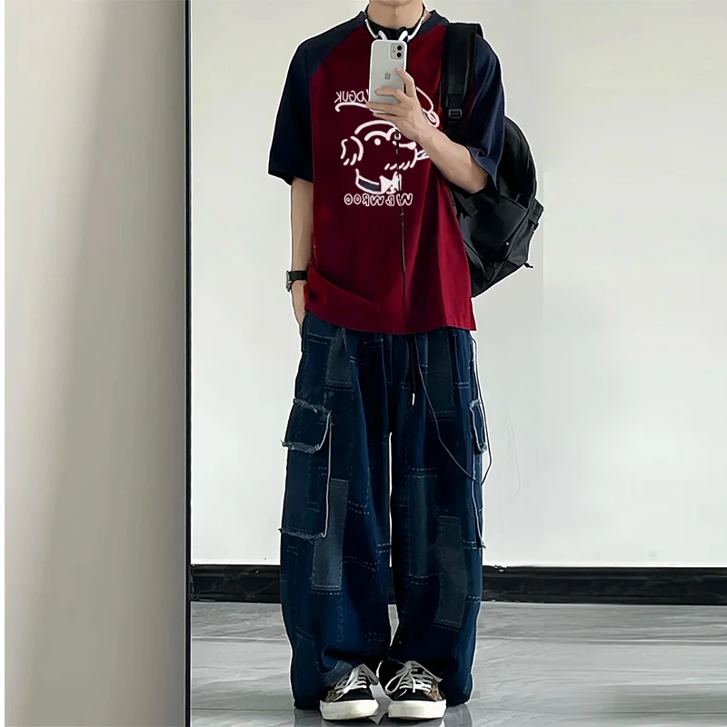 labzaa美式潮牌拼接插肩袖短袖t恤男女夏季撞色创意涂鸦小狗上衣