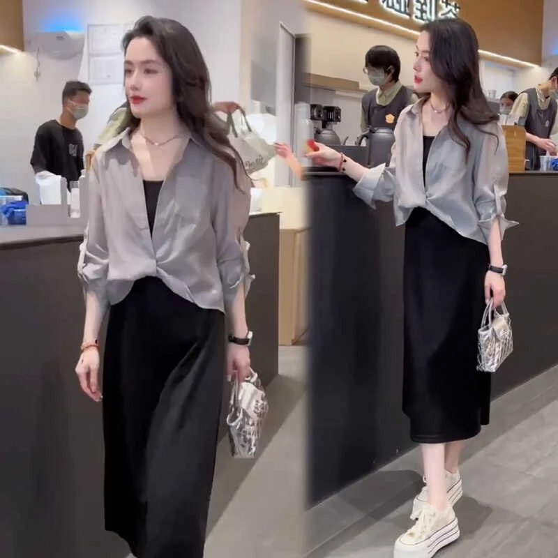 一整套春秋穿搭女装2025新款时尚设计感长袖衬衫吊带连衣裙两件套