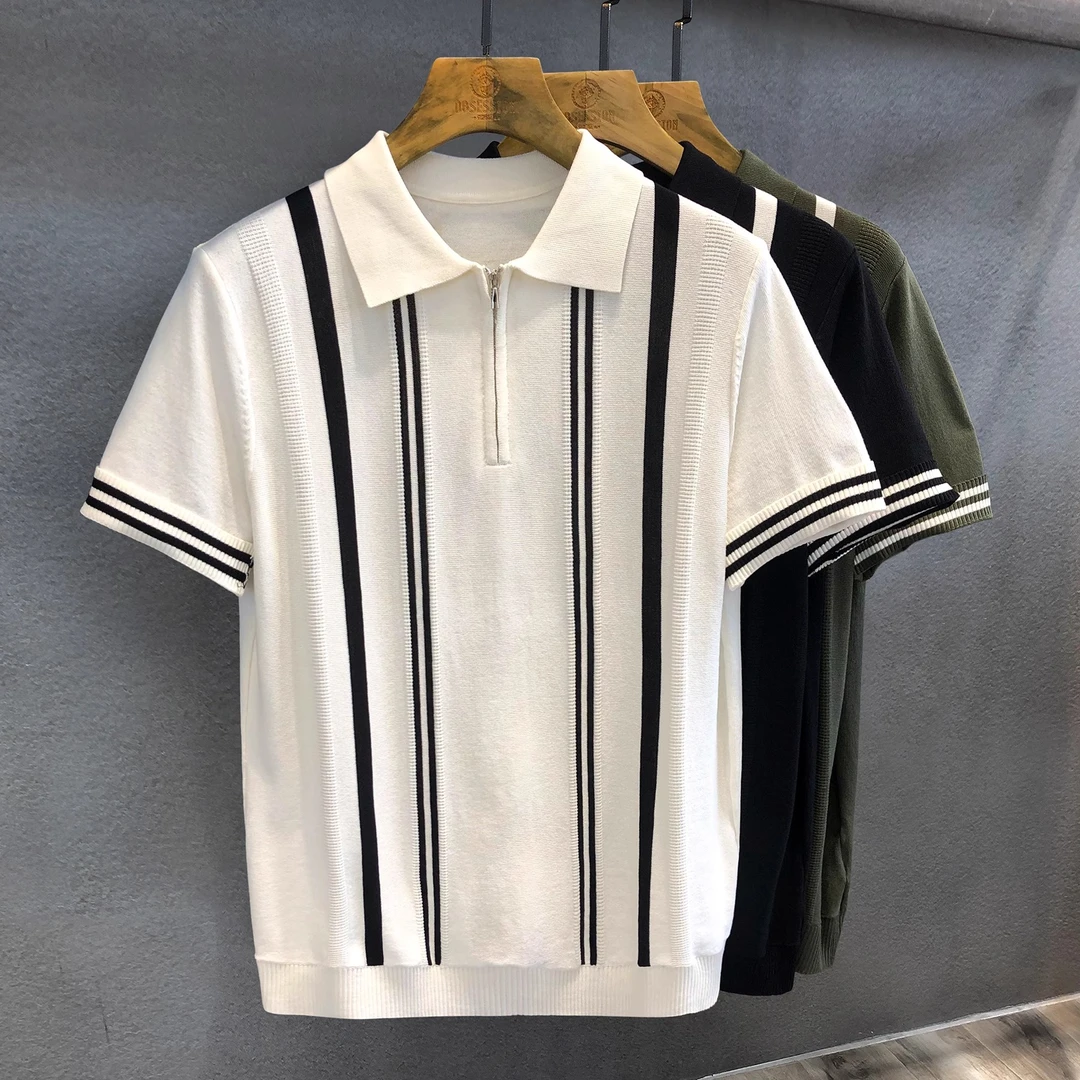 基密雷昂轻熟气质竖条纹冰丝针织短袖T恤男士polo衫夏季翻领体恤