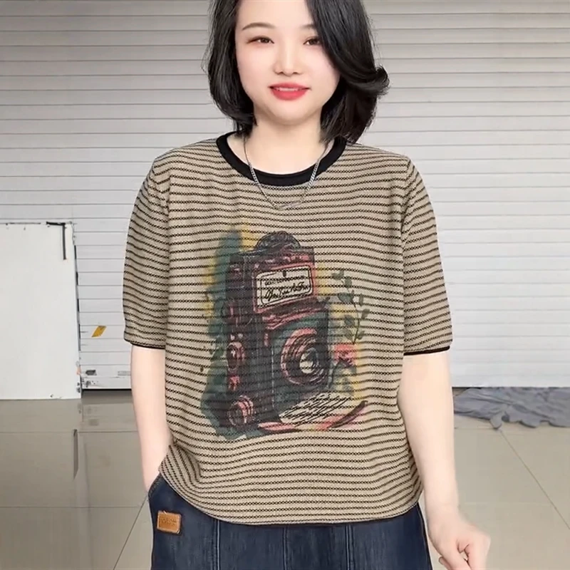 2025夏季新款时尚百搭圆领复古条纹短袖针织衫女爆款休闲减龄上衣