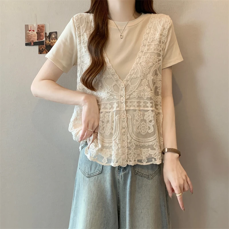 大码胖mm网红洋气炸街女装设计感蕾丝马甲背心两件套遮肉显瘦T恤