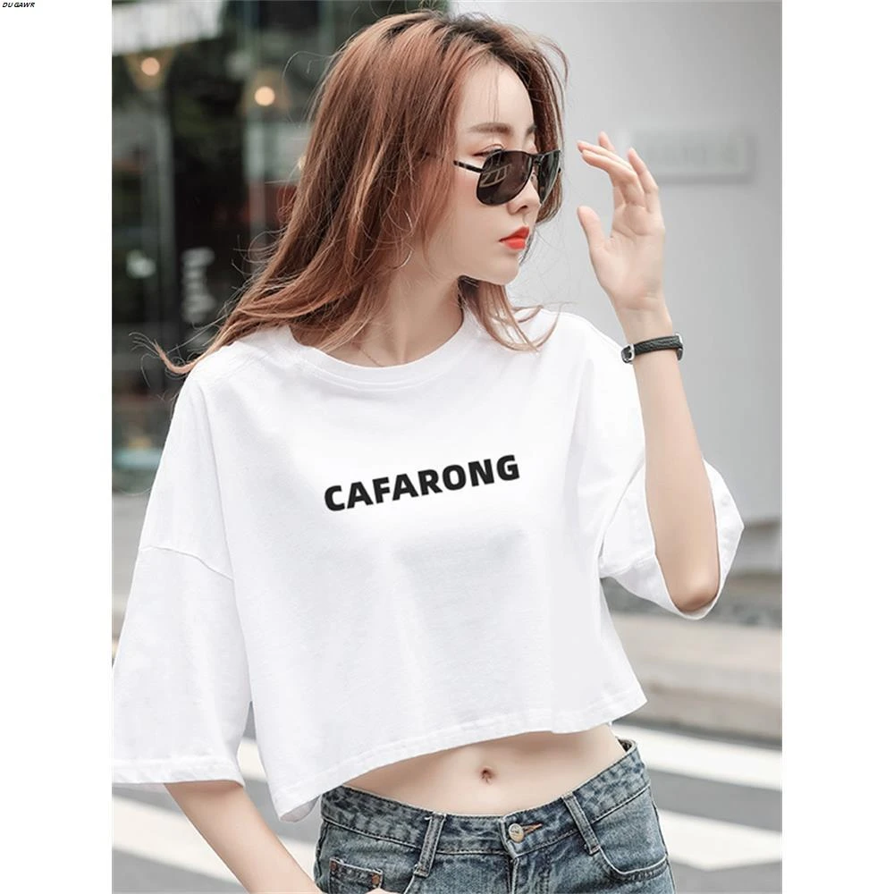 白色短款上衣女夏季新款宽松大码露脐短袖t恤落肩高腰小众设计感