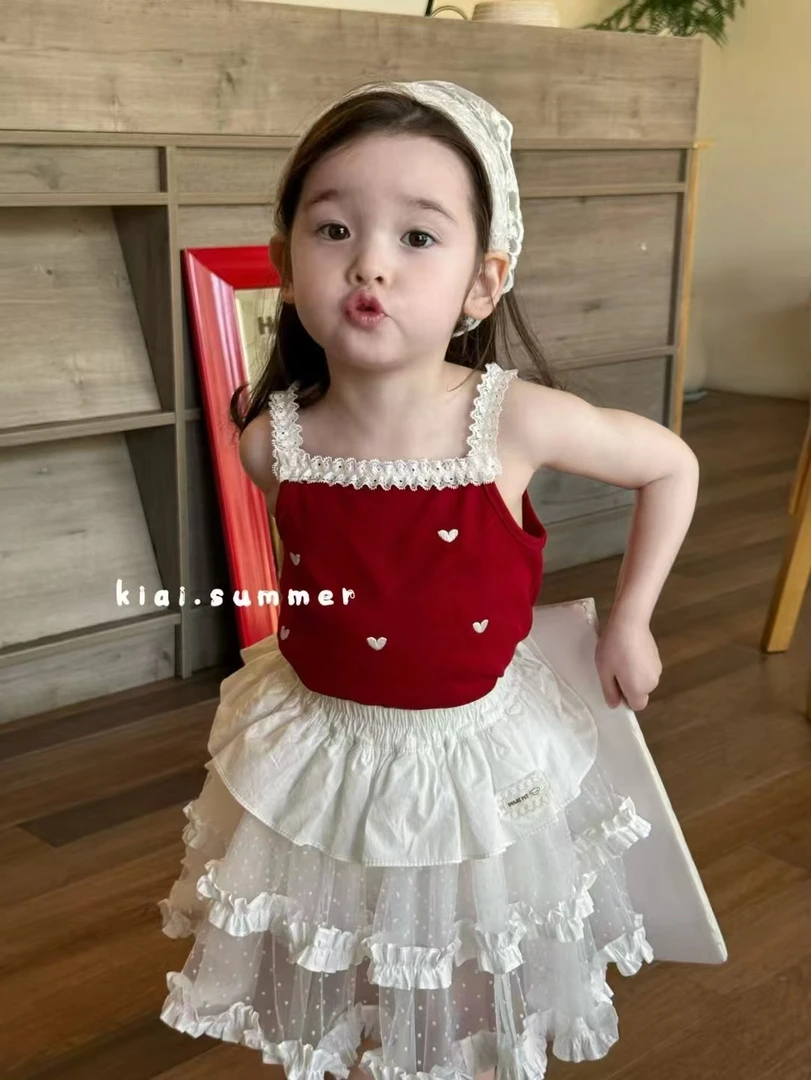 女童红色爱心上衣白色蛋糕裤裙（KIAI-826207+826203-夏A）