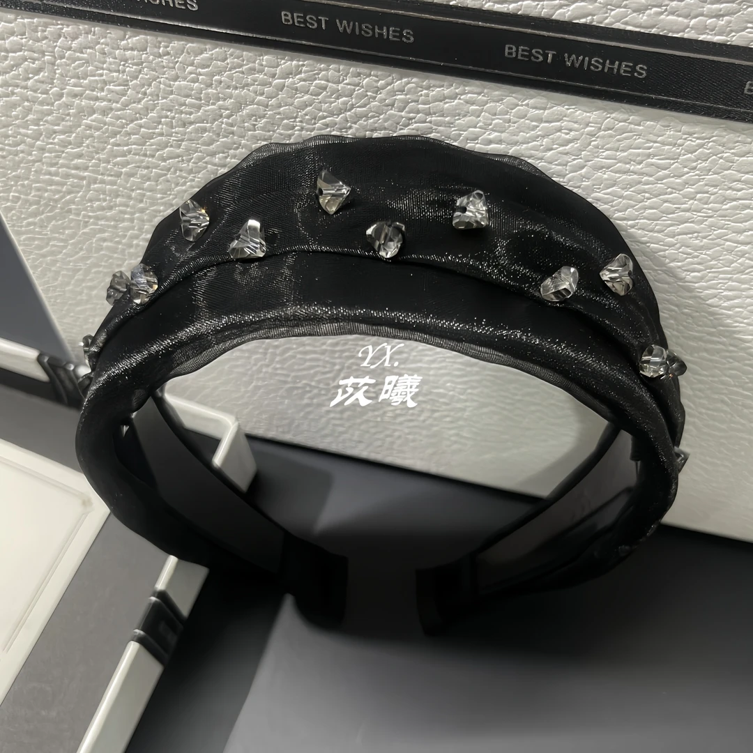 黑色网纱水钻发箍简约高颅顶复古宽边头箍时尚遮白发防滑带齿发卡