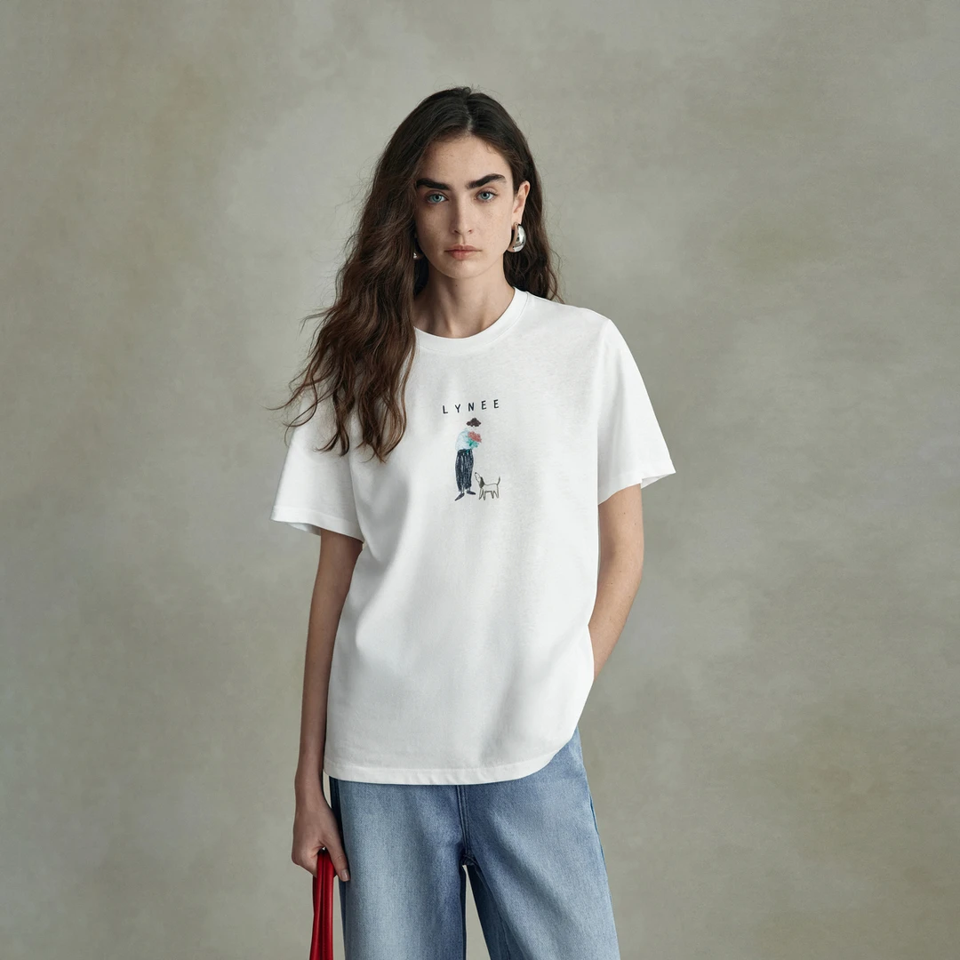 LYNEE 简约圆领玫瑰人生logo印花T恤短袖百搭薄款上衣LGD2FST032