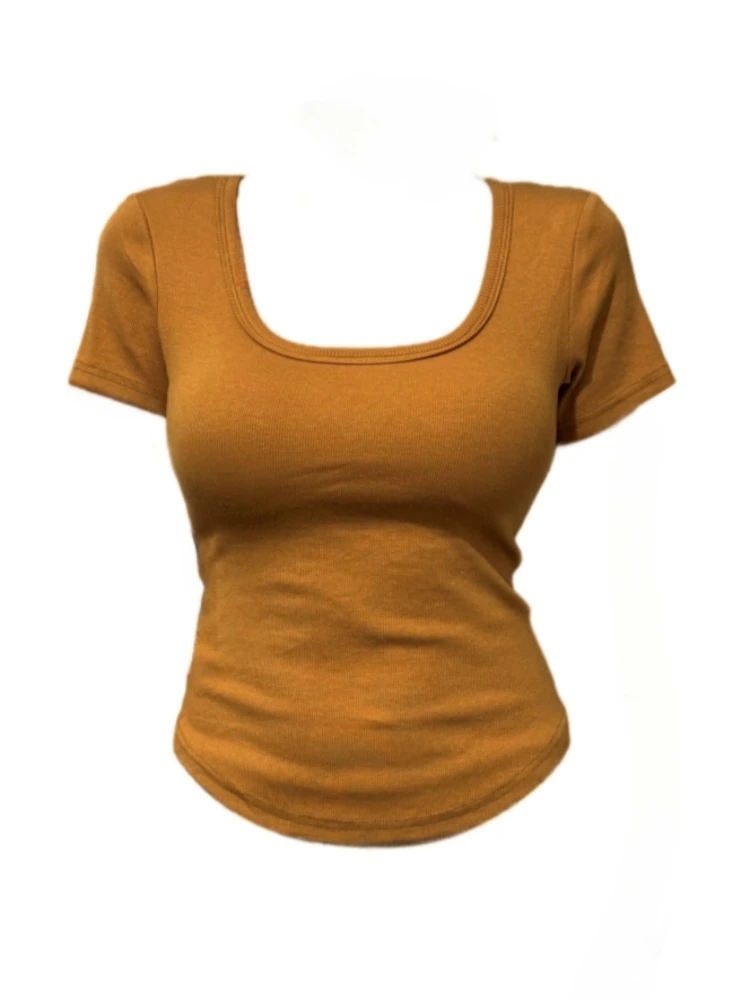 【Amy家】2025新款纯欲风带胸垫正肩短袖T恤女修身显瘦百搭U领上衣