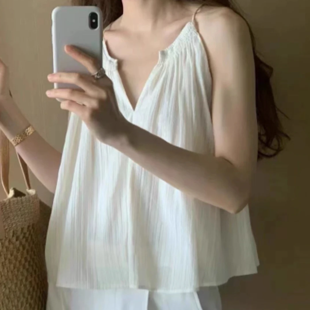 现韩国东大门代购ounce女夏度假风V领竖纹宽松百搭吊带背心+