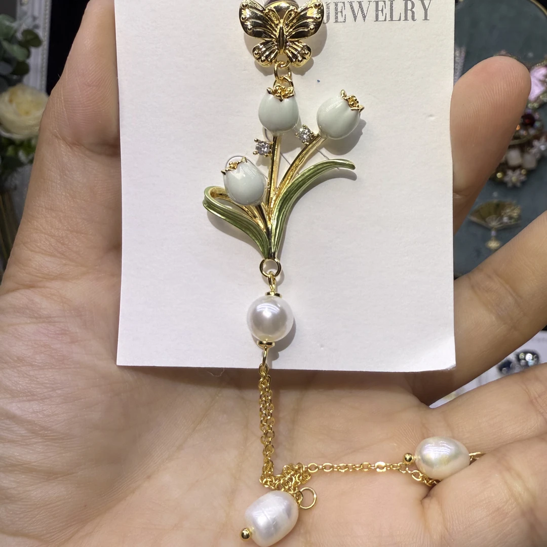 铜合金锆石胸针 1599新品高货珠珠薄荷绿铃兰流苏胸针