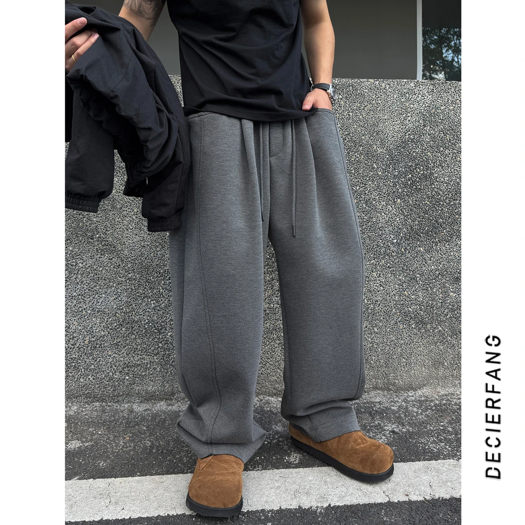 DF「单褶垂感 撞色松紧腰」早秋直筒休闲裤男宽松阔腿裤子