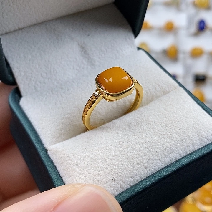 蜜蜡银S925镀金镶嵌戒指