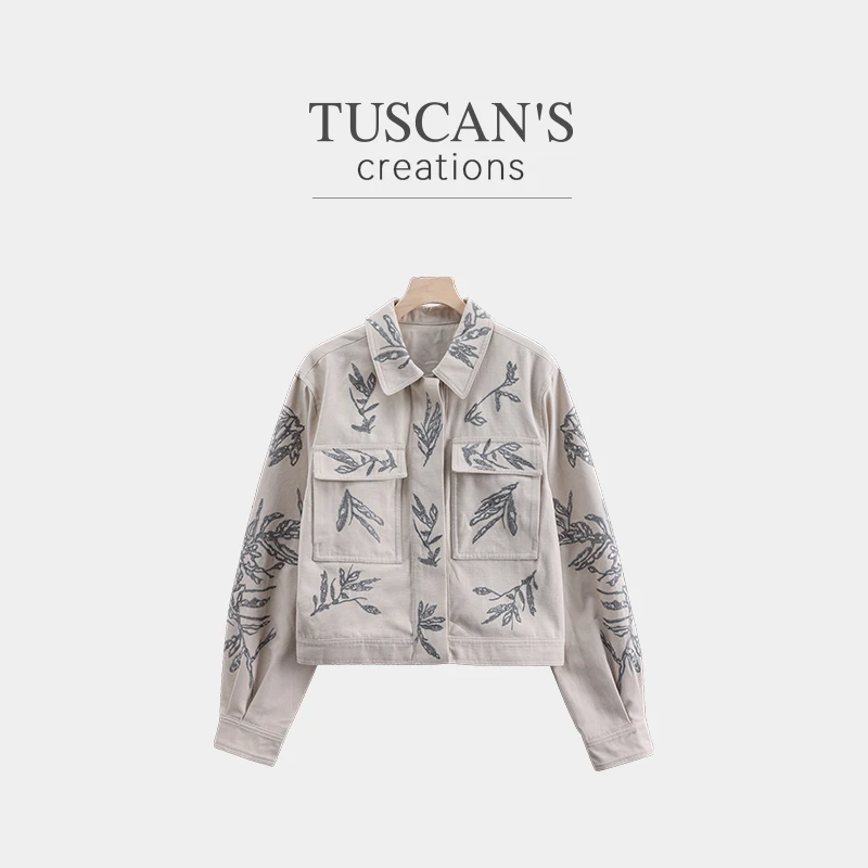 TUSCAN'S CREATIONS秋季薄款短外套提花街头时尚个性女牛仔外套