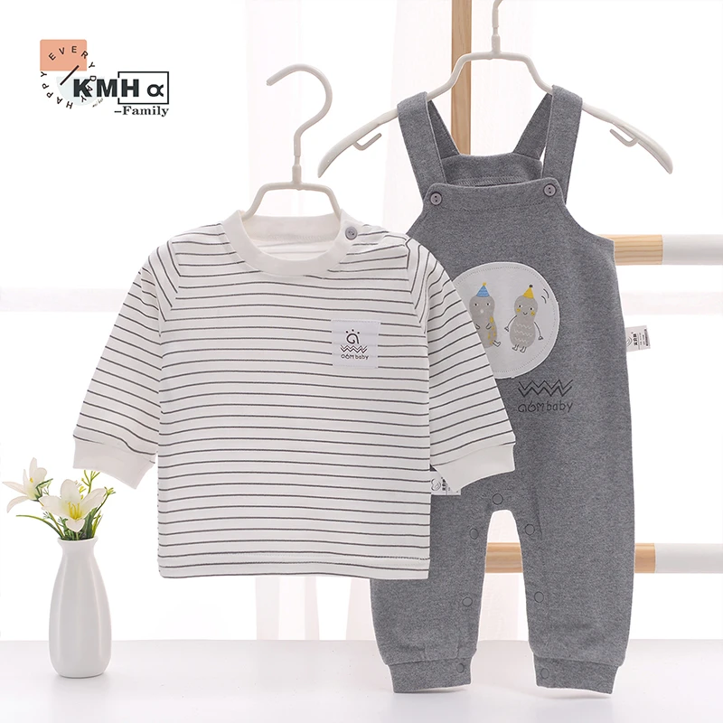 纯棉打底分体套装春秋季保暖长袖外出背带裤套装婴儿双层连体衣