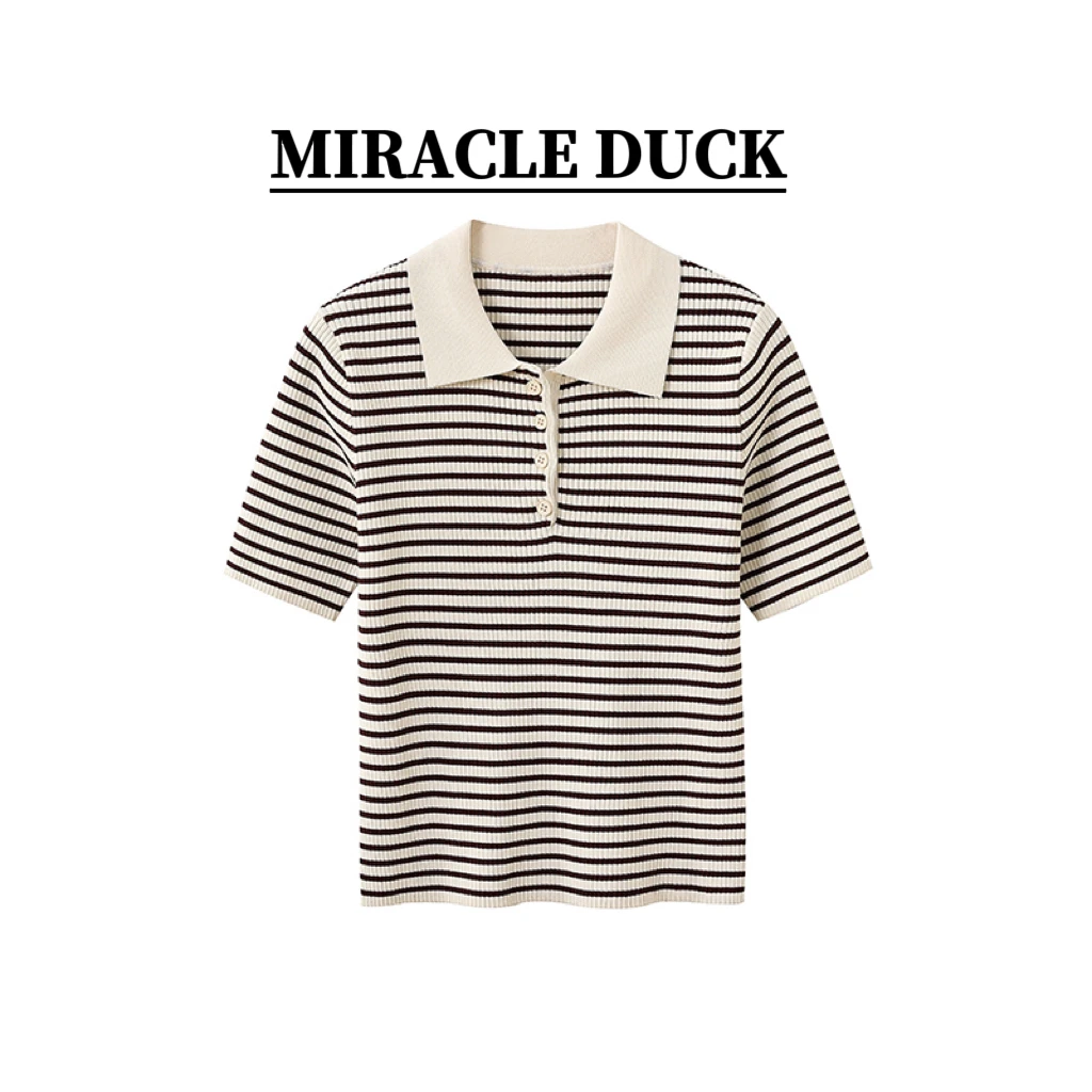 【椰香海韵】夏季POLO领短款拼接翻领条纹薄款冰丝针织衫C1635