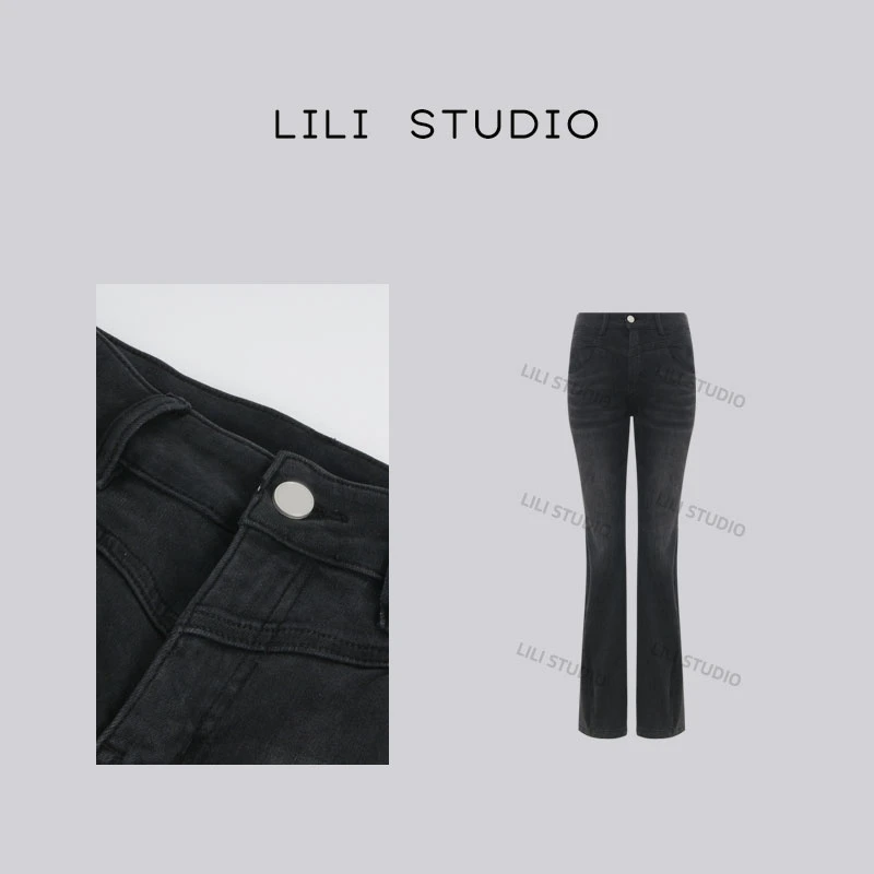 「多片喇叭」不理理春季新款女装开叉微喇长款高腰休闲牛仔裤