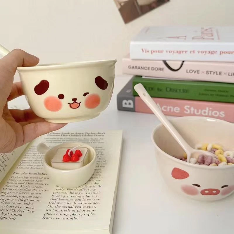 奶油风小猪小狗陶瓷碗勺可爱少女心饭碗ins风家用釉下彩餐具韩版
