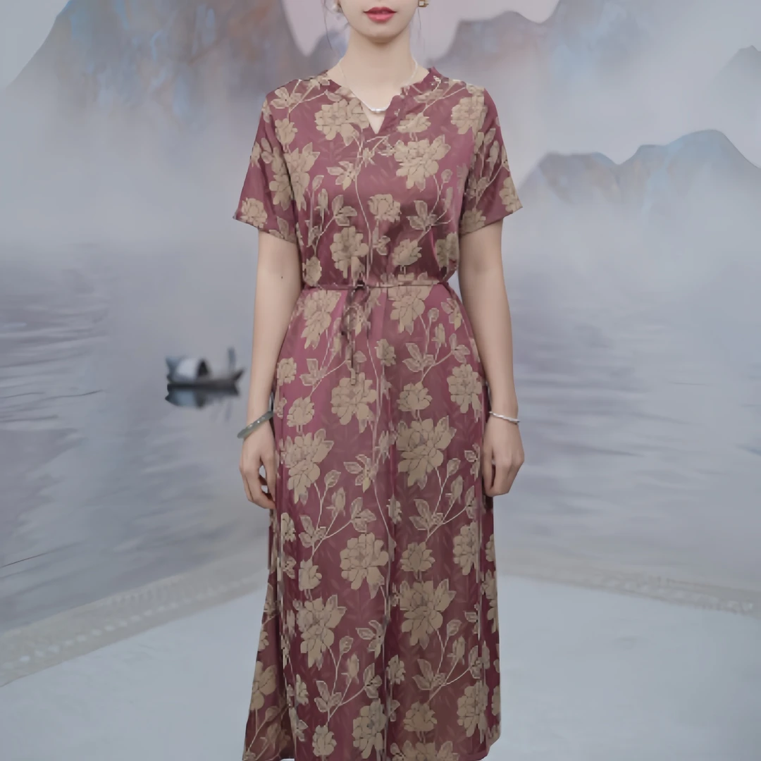 2607 国风雅致花色V领新中式系带显瘦女装连衣裙