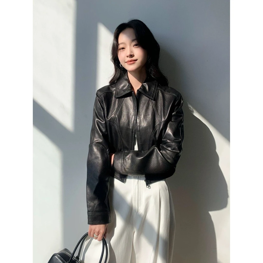 WENNI 小众设计弧形解构老钱复古时髦感皮衣外套5003