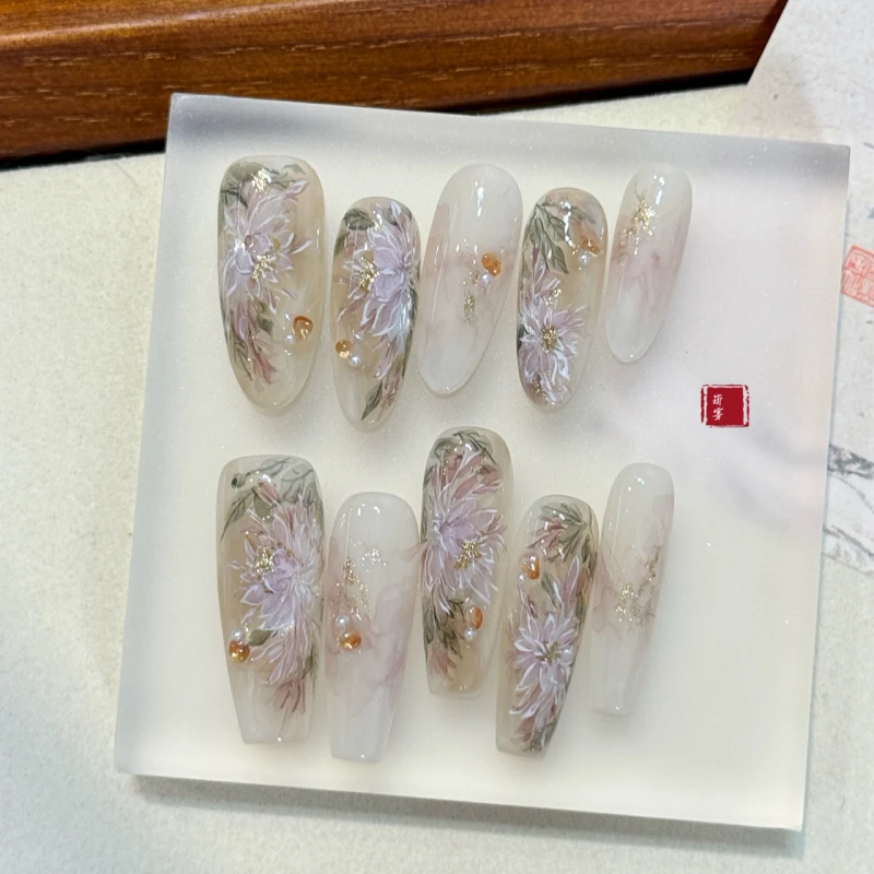 原创·刹那芳华｜昙花新中式国风水彩手绘猫眼晕染穿戴甲美甲