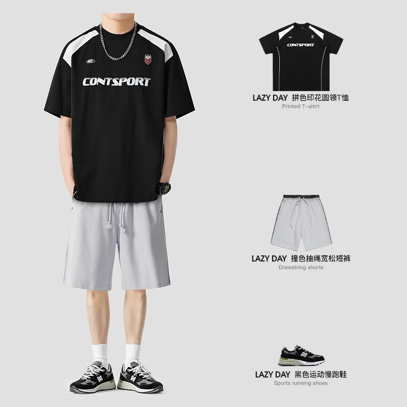 LAZY DAY原创男装美式复古撞色印花学院风T恤男夏季纯棉短袖上衣