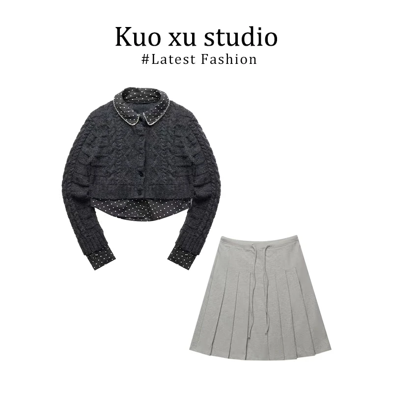 秋冬女韩系假两件针织开衫翻领系带毛衣外套上衣半身裙短裙百褶裙