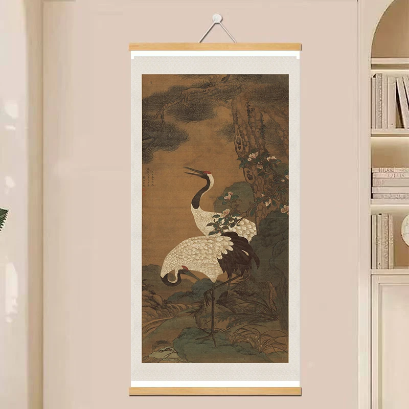 博物馆复刻《松鹤延年》挂画山水画中式传统装裱立轴装饰画客厅山水